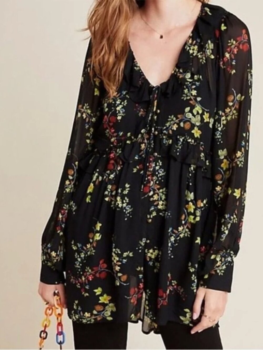 Anthropologie Maeve Jamison Floral Sheer Tunic Top